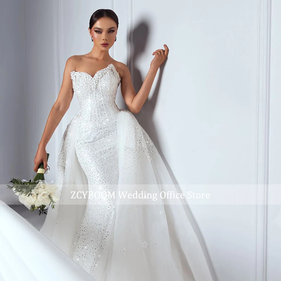 Luxury Flowers Appliques 2 In 1 Detachable Train Mermaid Wedding Dress 2024 Saudi Arabic Bridal Gowns For Women Vestido De Noiva