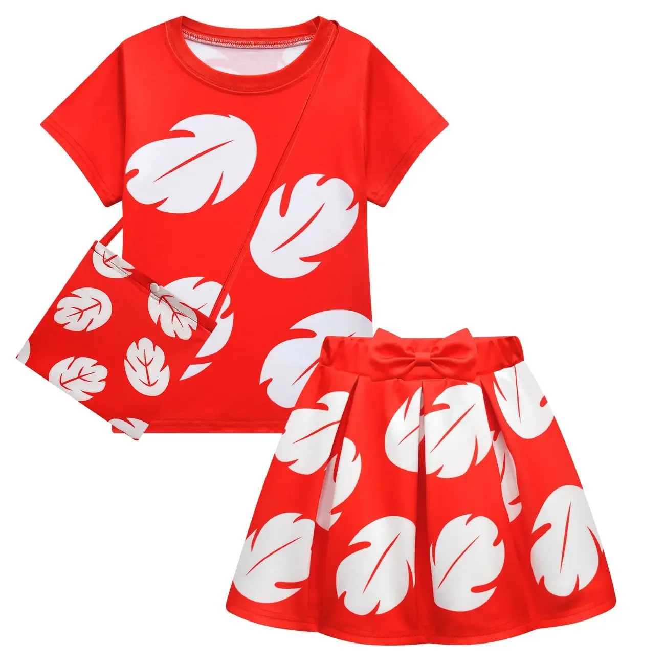 

Anime Lilo Tropical Cartoon Top skirt Bag for Girls Summer Hawaiian Red Leaf Pattern Cosplay Halloween party kids Outfit