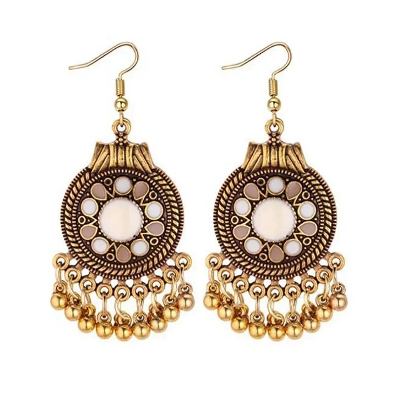 Delysia King Women Retro National Style Round Metal Ball Fringe Earrings Personality Geometric Tassels Dangle Earring