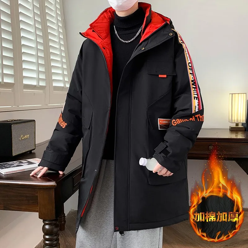 Harajuku Winter Fashion Jacket Men's Thick Warm Pocket Coat Casual Cotton Pad Windproof Waterproof Coat Hooded Hip Hop