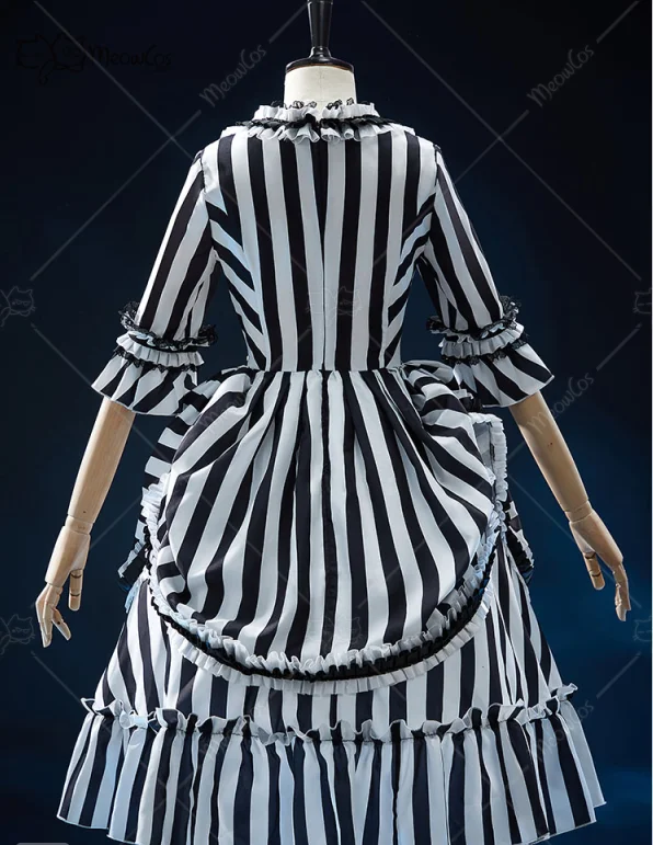 MEOWCOS المرأة القوطية فستان هالوين القبر الحبوب القوطي خمر أبيض وأسود مخطط فستان مكشكش زي الهالوين التأثيري #3