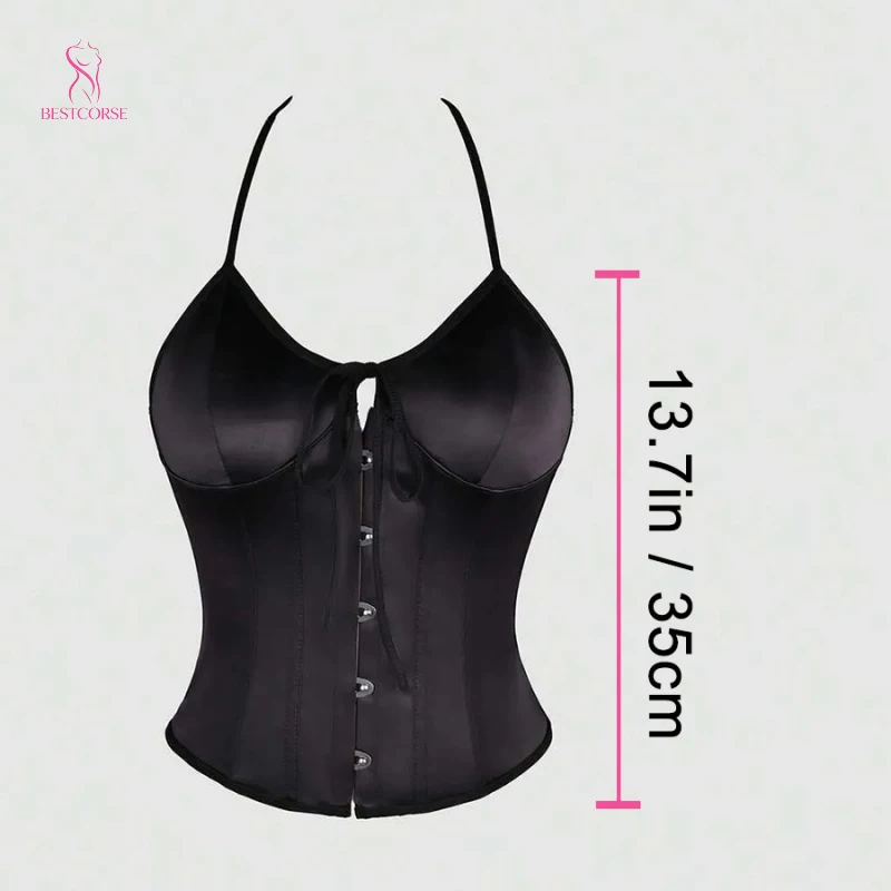 Sexy Elegant Chic Lace Up Black Satin Corset Bustier Top Women Halter Camisole Minimalist Waist Cincher Slim Overbust Backless