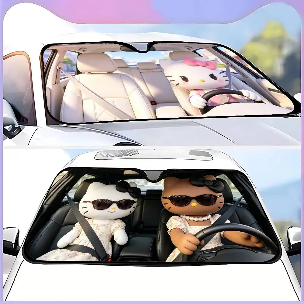 Kawaii K-Kitty Drive Car SunShade Windshield Funny Sun Shade Foldable UV Ray Sun Visor Protector Sunshade For Front Window image 2