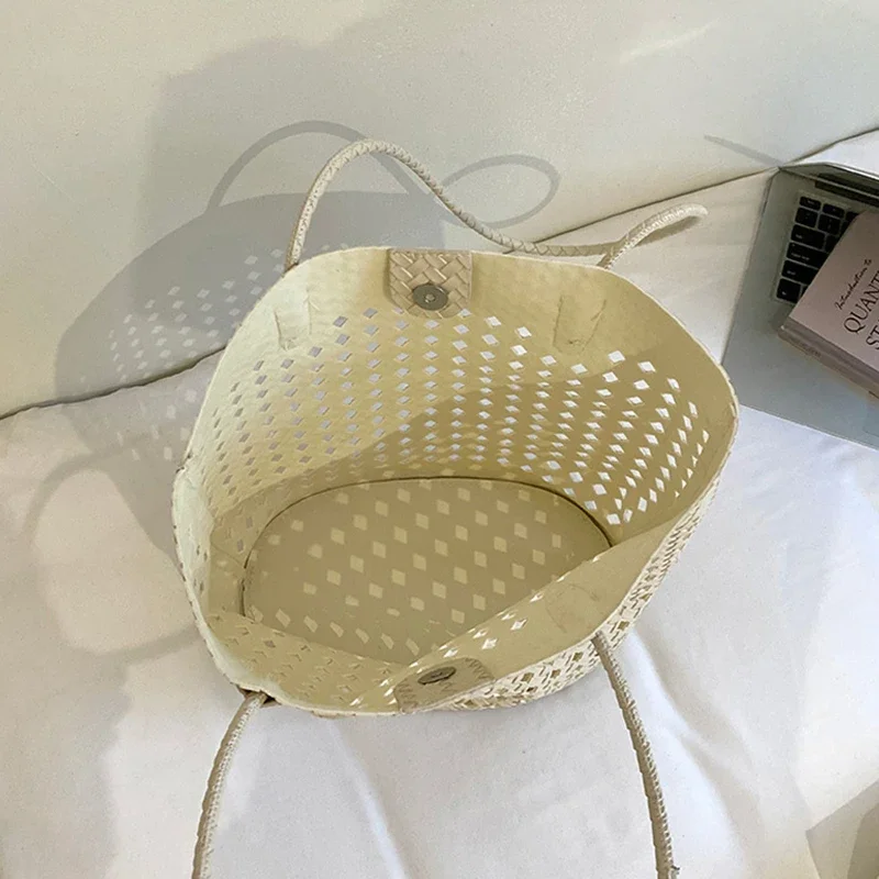 Rattan-Geflochtene Hohle Schultertasche mit Passender Geldbörse, Sommer-Shopper für Markt, Strand und Pendeln, Leichte Handtasche mit Offener Webung – Detail 7