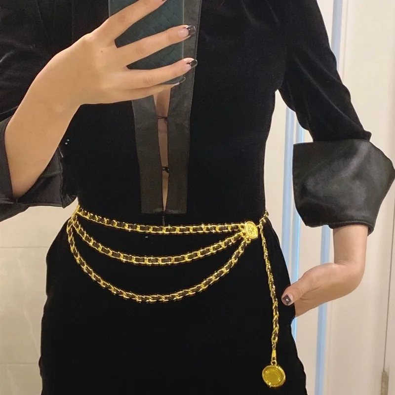 

Adjustable plated real gold belt wearing leather three-layer waist chain chain high-end dress round pendant accessories