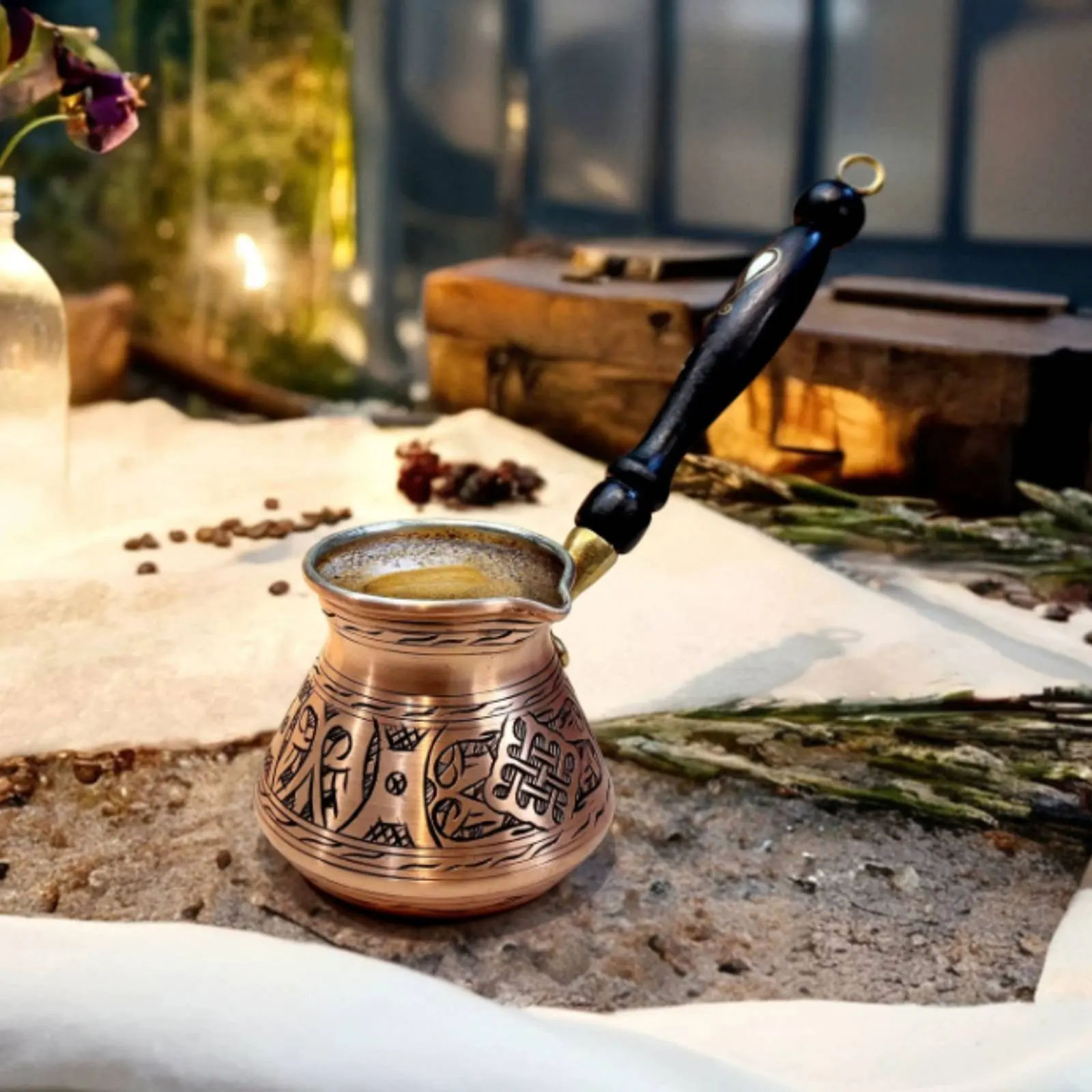 

Turkish Coffee Pot Wooden Handle Handmade Copper Cezve Copper Cezve Tin Lined Stovetop Coffee Warmer Rustproof for Home Decor