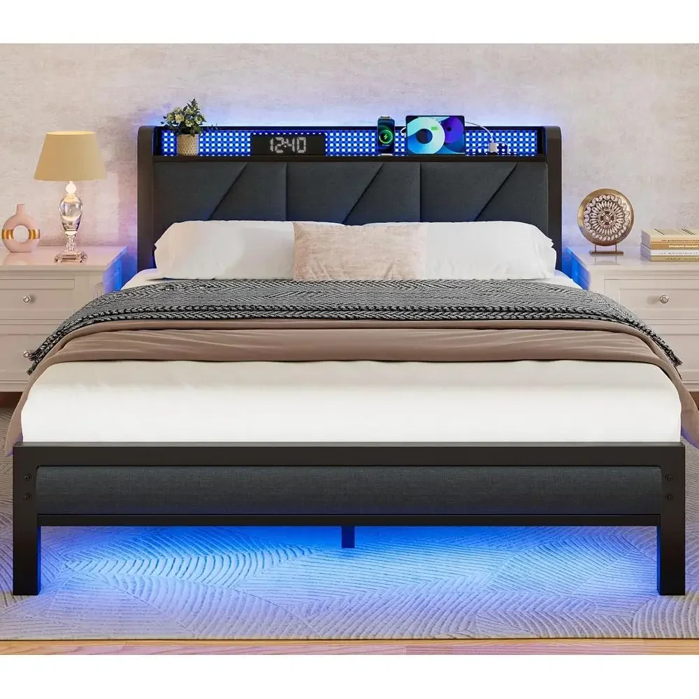 Queen Size Upholstered Bedstead with Headboard LED Lights USB Charging Station No Box Spring Required Noiseless