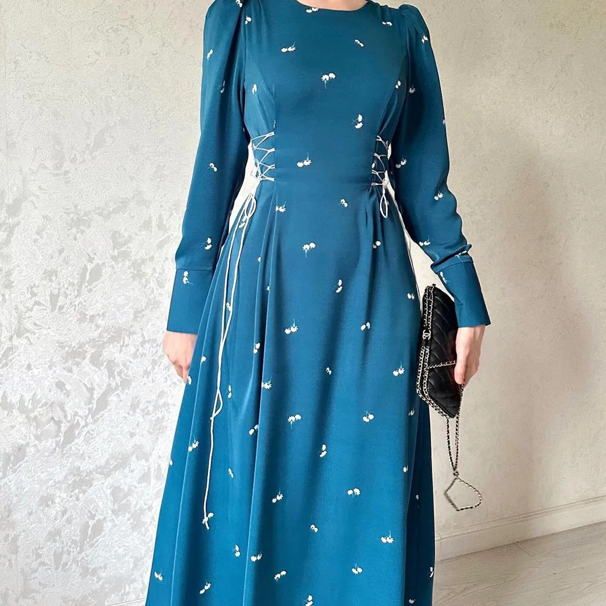 Women Eid Muslim Dresses Morocco O Neck Vestidos Print Arab Dubai Kaftan Party Dress Loose Fit Casual Ankle Length 2024