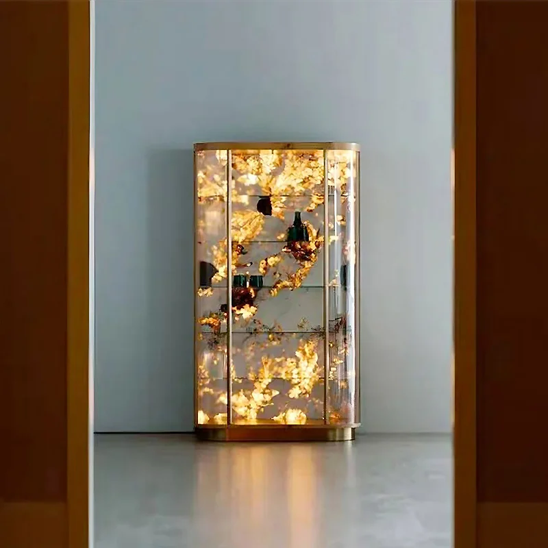 

Custom. Portugal Light Luxury Glass Wine Cabinet Modern Minimalist Living Room Locker Design Luxury Stone LED Display Cabinet