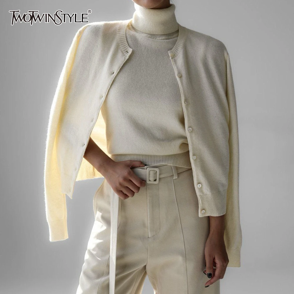 

TWOTWINSTYLE Solid Spliced Single Breasted Sweater Female O Neck Long Sleeve Gentle Elegant Women's Sweaters Autumn Fashion New