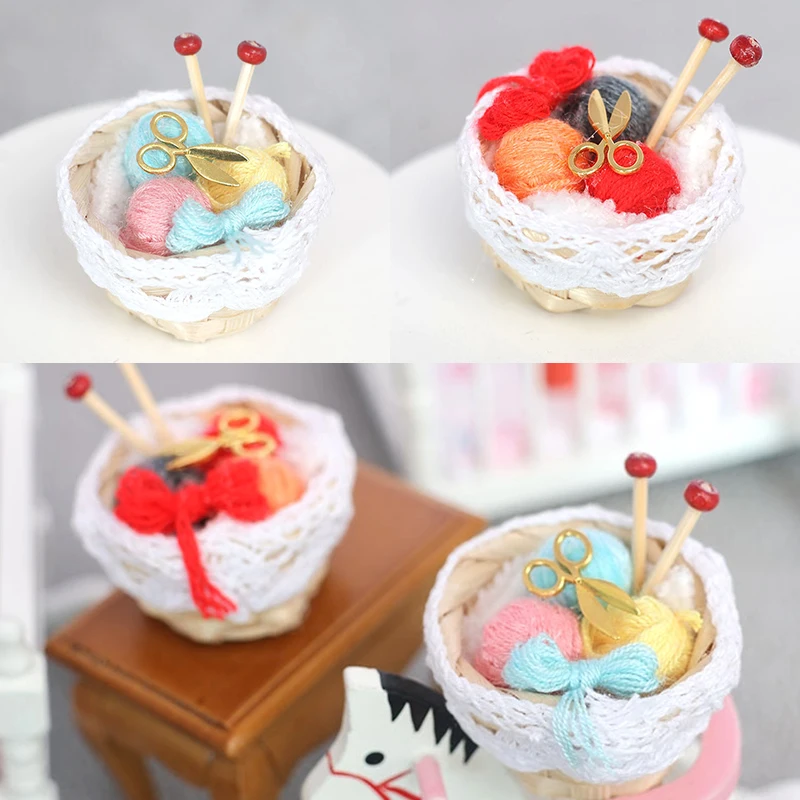 1:12 Dollhouse Miniature Bamboo Basket Braided Yarn Ball Needle Balls Scissors Sweater Knitting Tool Basket Home Model Decor