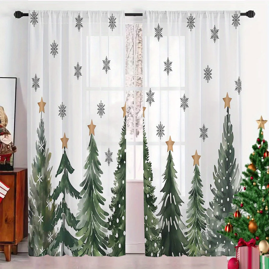 2PCS Christmas Winter Sheer Curtains, Green Tree Gold Star, Digital Print, Bedroom Living Room, Rod Pocket Polyester, Home Decor