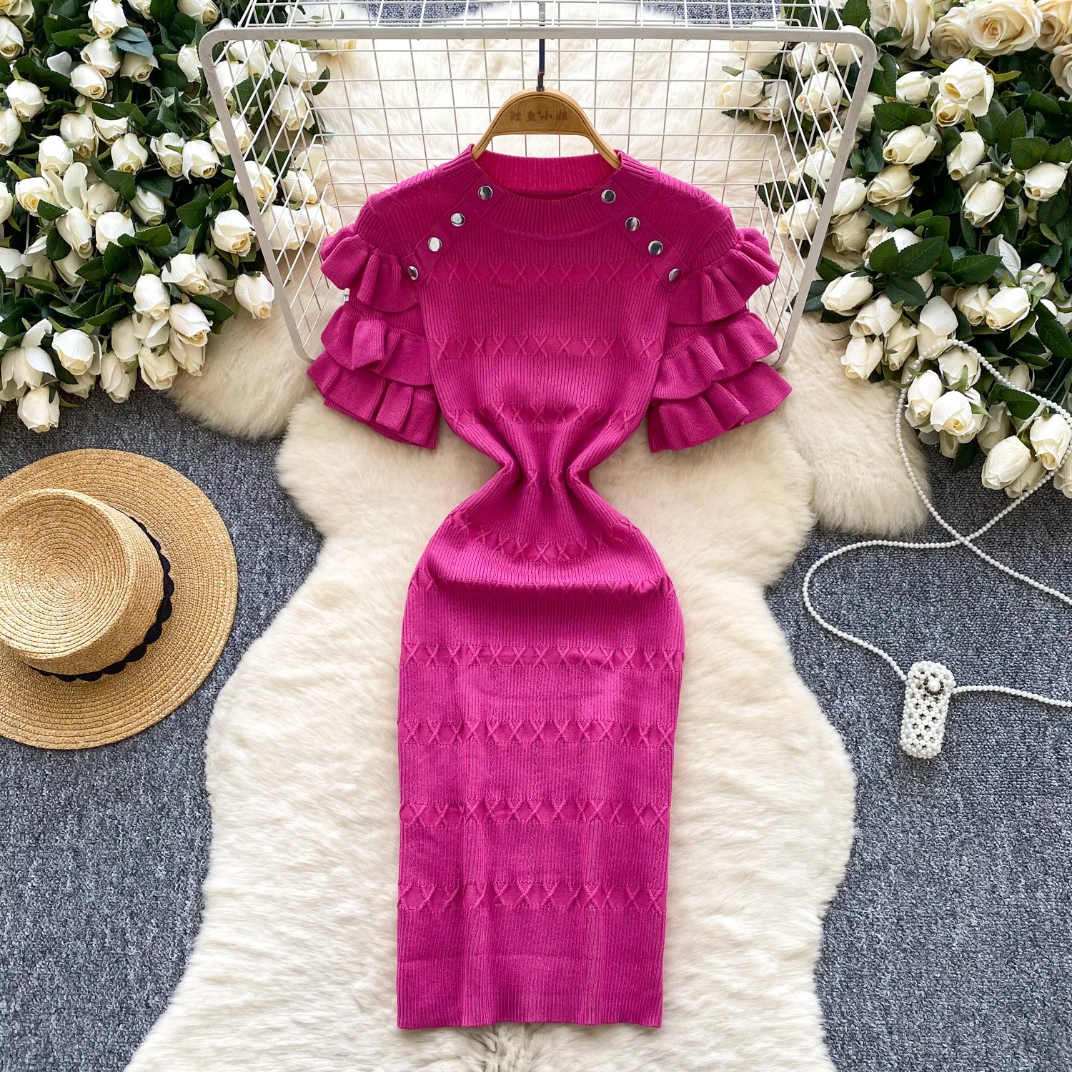 

Long Dress Women Dresses Tight Waist Vestidos Streetwear Round Neck Short Sleeve Ruffles Elegant Splice Y2k Work Party Night