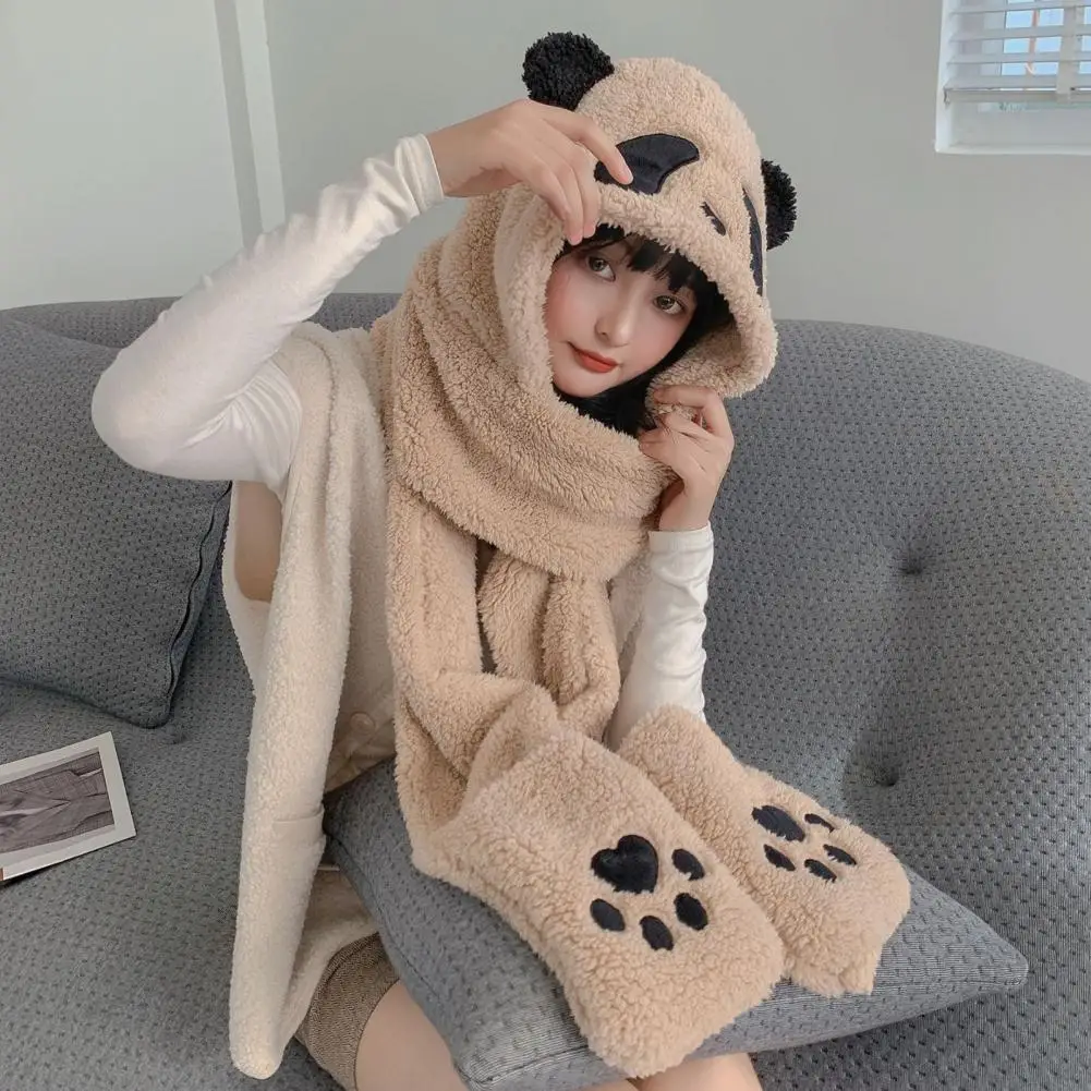 Plush Hat Cute Panda Shape Bear Claw Decor 3 in 1 Keep Warm Thickened Windproof Winter Women Scarf Gloves Cap for Outdoor