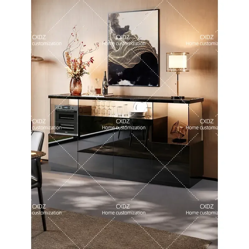 Luxury Black Solid Wood Side Cabinet High End Wall Mounted Storage Unit Living Room Tea Coffee Table Integrated Cupboard