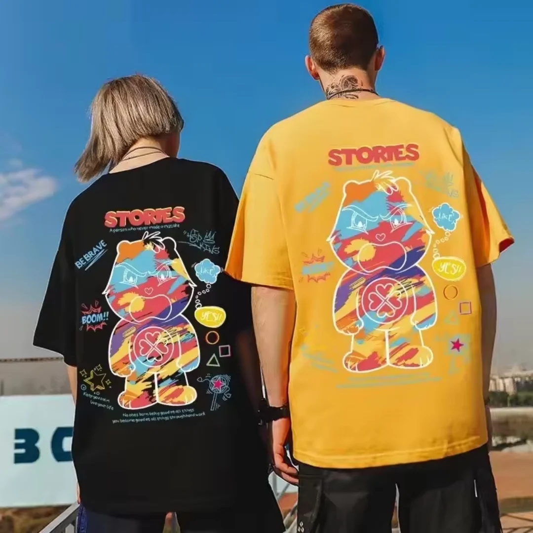S-Oversized Men Clothing Student American Popular College Style Couple Casual Loose Fitting Trendy Angry Bear Print T-shirt