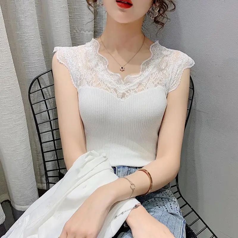 Summer New Korean Fashion V-neck Lace Patchwork Pullover Knit Sleeveless Tank Women's Solid Perspective Sexy Ice Silk Sling Top