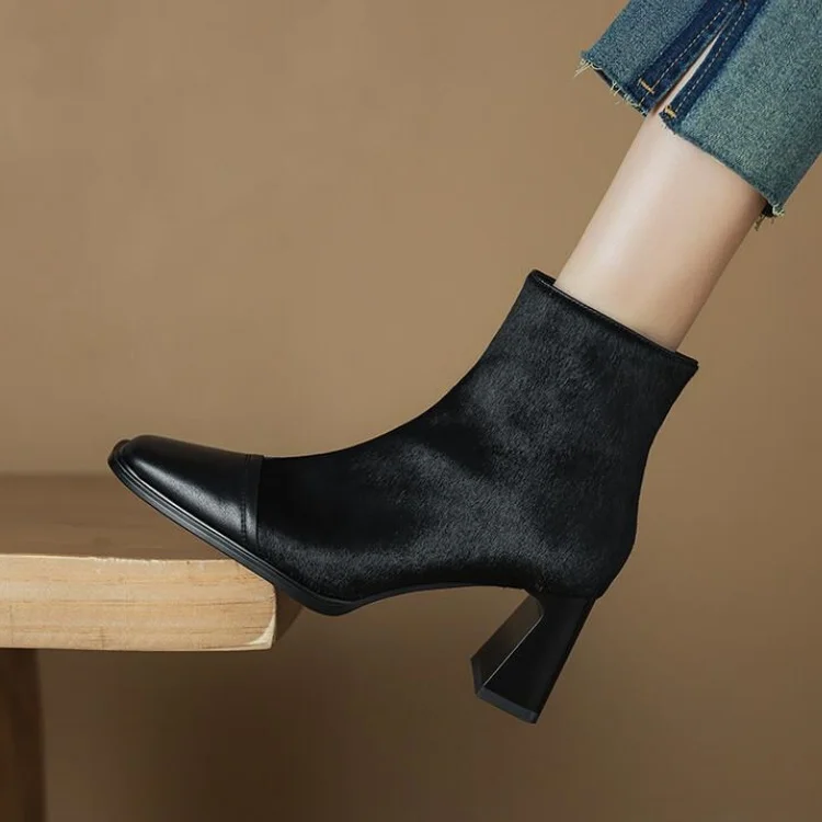 

Black Horsehair Women Short Boots Mixed Leather Square Toe Winter Botines 7cm Chunky High Heels Prom Botas Brown Sapatos Mujer