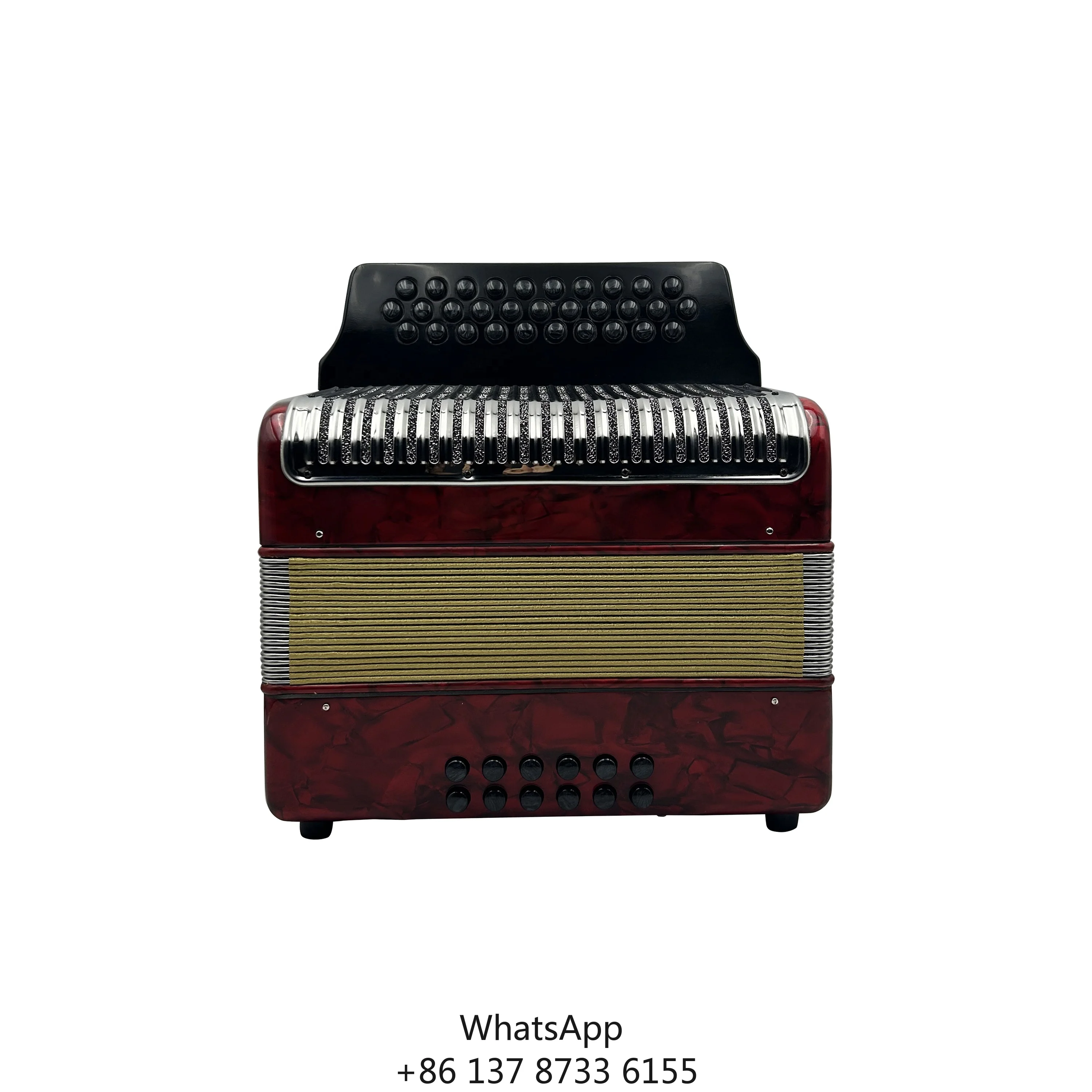 

Professional JB3112C Diatonic Red Celluloid Accordion Instrument 31 Buttons 12 Bass Black Button Gold Bellow Portable