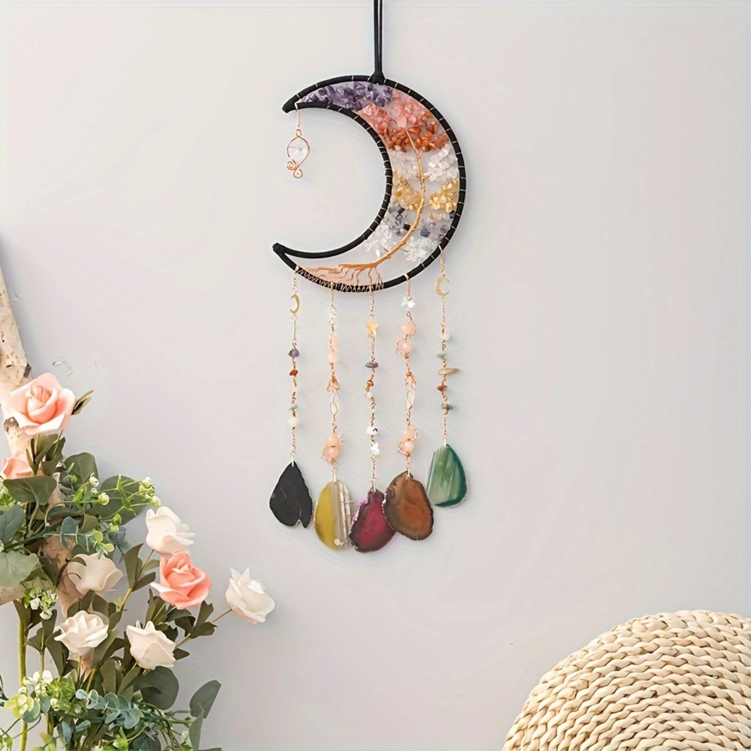 

Color Agate Crystal Crushed Stone Luxury Dreamcatcher Pendant - Handmade Woven Wind Chime Decoration for - Natural Stone, High-