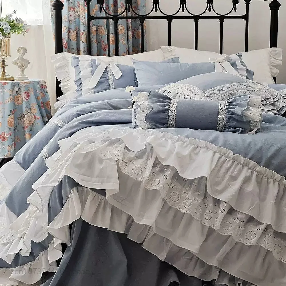 Korean Princess Style Solid Color Lace Ruffle Cotton Bed Skirt 4Pcs Bedding Set