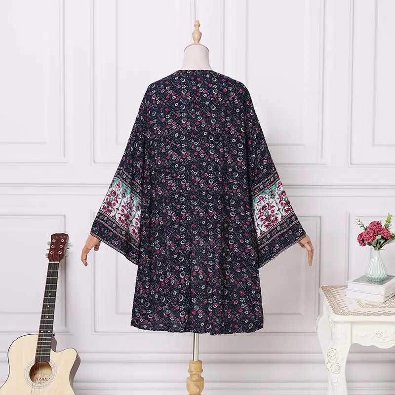 2024 New cardigan open front Bohemian ethnic style floral print women\'s kimono casual loose beach top spring and autumn coat