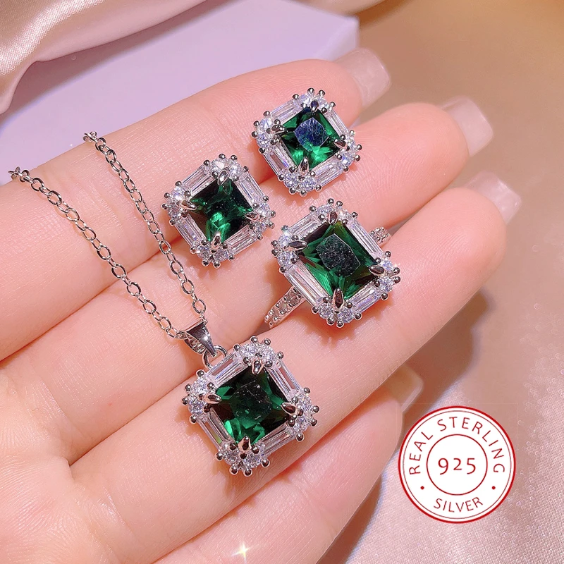 

925 Sterling Silver Simulation Emerald Square Jewelry Set European and American Luxury Full Diamond Design Light Luxury Jewelry