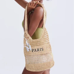 Casual Hollow Straw Women Shoulder Bags Letters Paper Woven Crossbody Bag Handmade Small Tote Female Bali Shopper Purses 2024