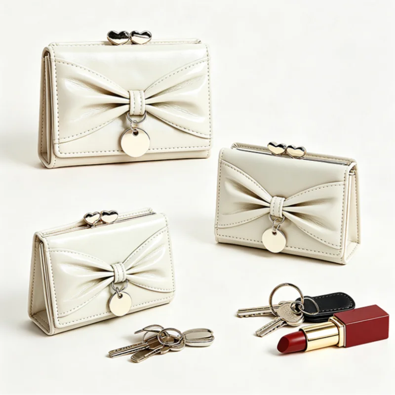 Stylish And Cute Bow Women's Wallet Solid Color Leather Simple Multi Card Slots Purse Portable High-capacity Card Holder