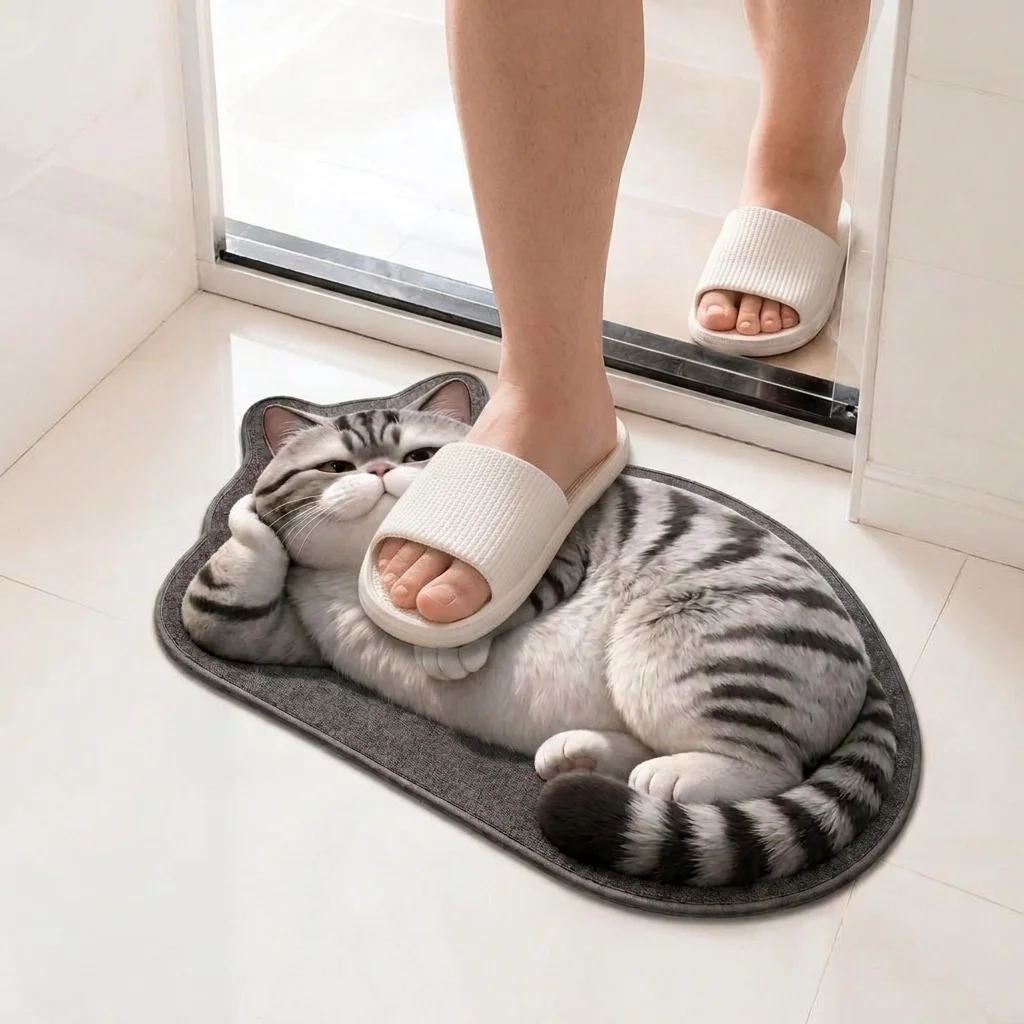 Creativity Diatomaceous Earth 3D Cat Floor Mat Realistic Non-slip Bathroom Carpet Washable 40×60CM Bedroom Door Rug Home Decor