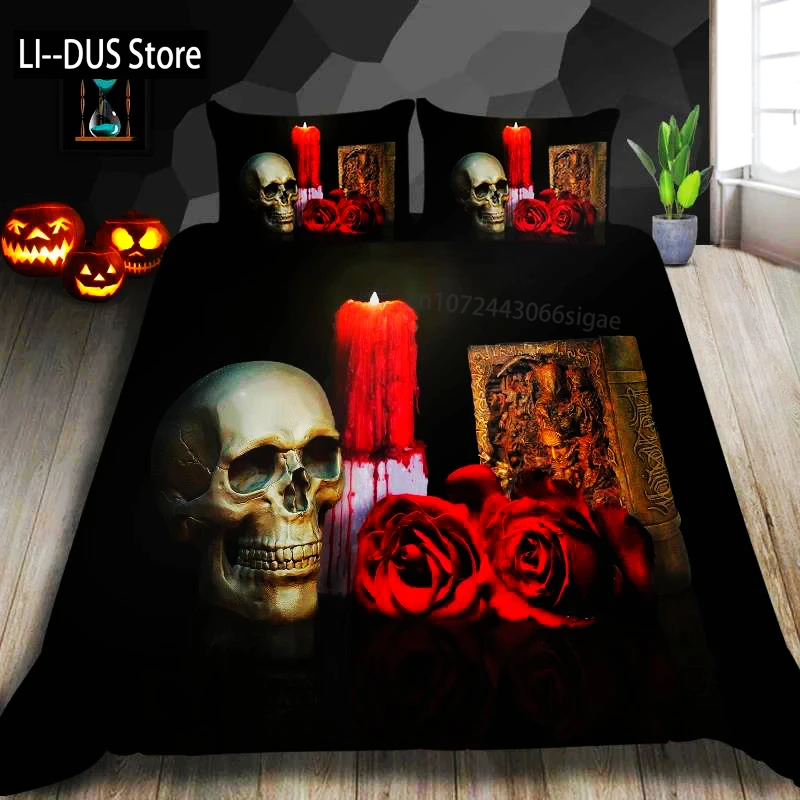 حلم NS الهيكل العظمي طقم سرير البياضات غطاء لحاف لحاف المعزي كيس وسادة ثلاثية الأبعاد الأحمر الملك هالوين غرفة نوم الديكور
