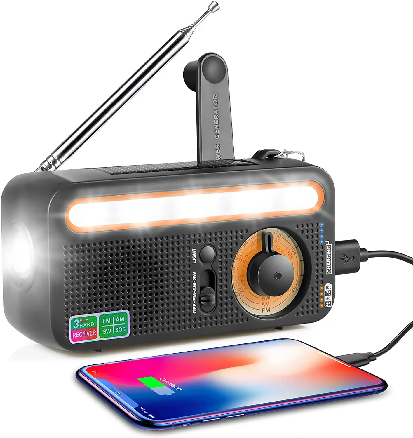 

Solar Emergency Rechargeable Hand Crank Radio AM/FM/SW Radio SOS Alarm Support Power Bank 2000mAh With Flashlight Reading Lamp