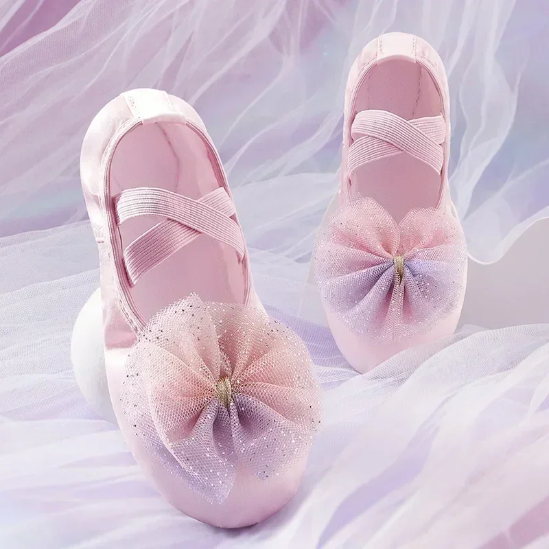 Girls Ballet Shoes Soft Sole Lace Bow Children Ballet Dance Slippers Ballerina Stage Performance Practise Dance Shoes 22-38