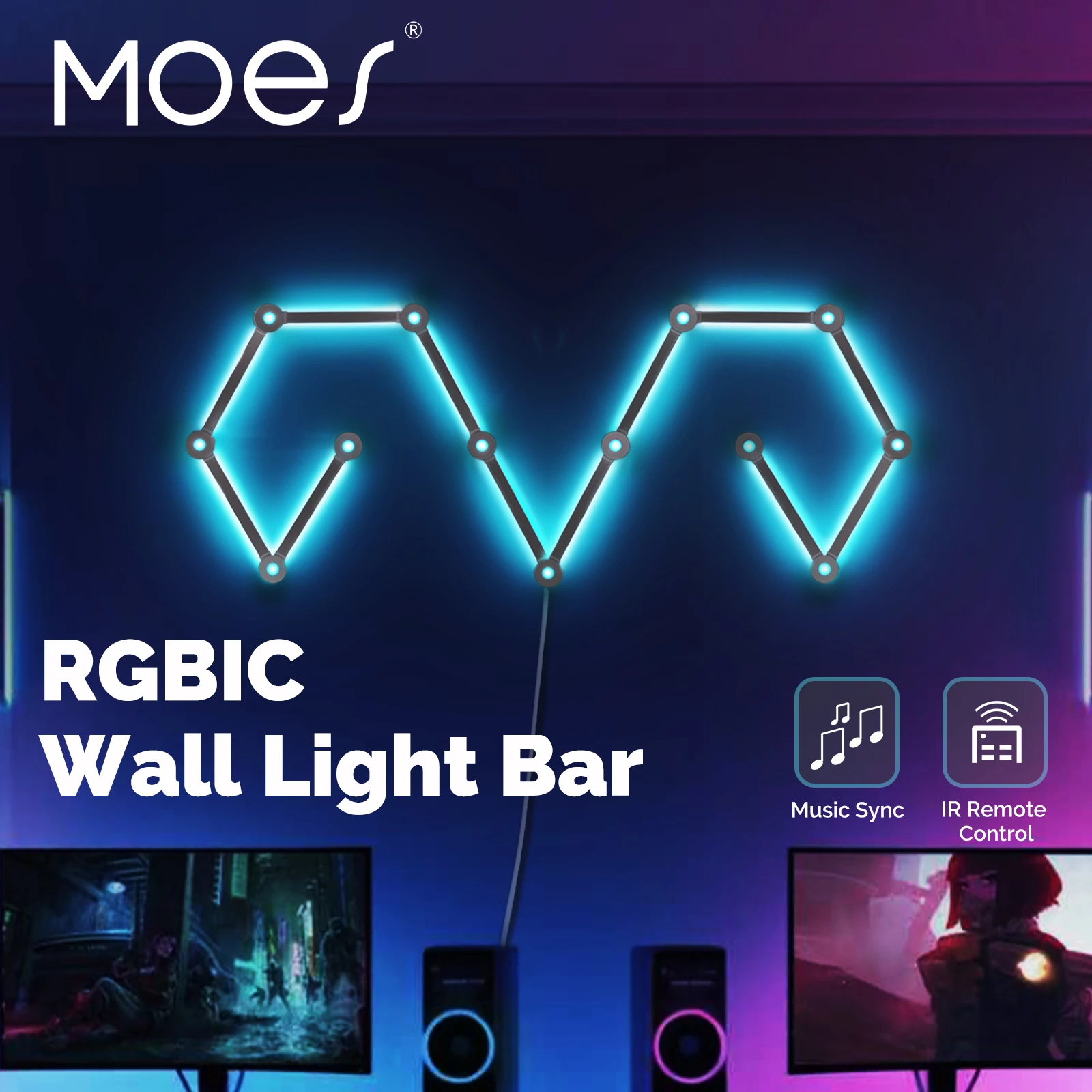 MOES RGBIC Wall Lamp DIY LED Light Bar Splicing Atmosphere Lighting IR Remote Music Rhythm Synchronization for Gaming Setup Room