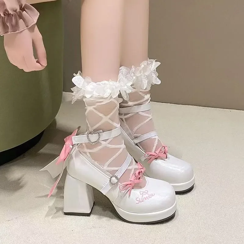 

Женские непромокаемые туфли на высоком каблуке в стиле Лолиты, осень 20225, новые туфли на толстой подошве JK на массивном каблуке с узлом-бабочкой, Мэри Джейн