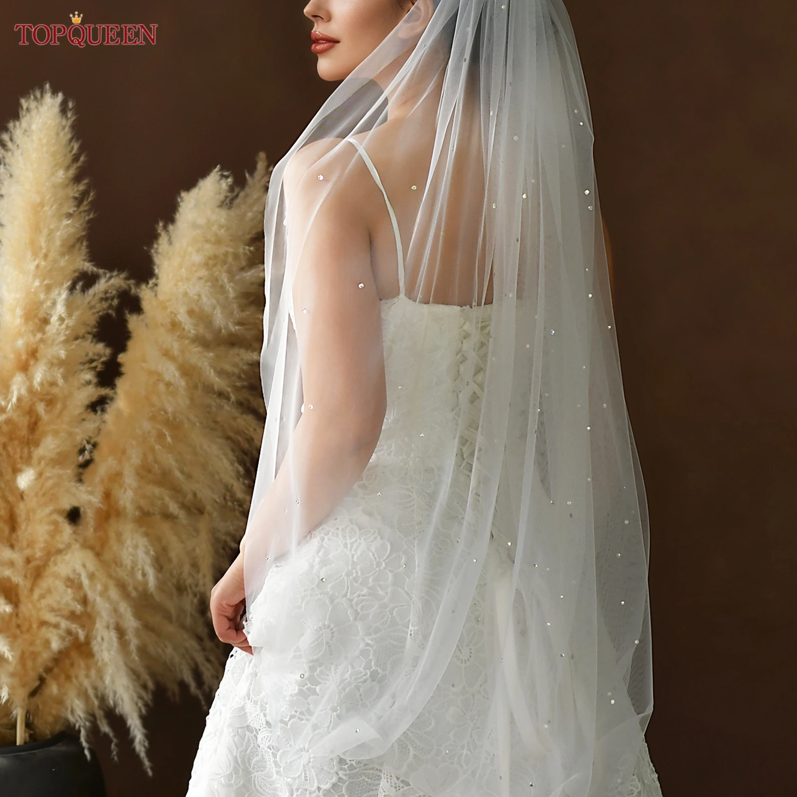 TOPQUEEN Свадебная фата со стразами, длина 1 метр, свадебная фата длиной до талии со стразами, однослойная с расческой, настраиваемая M34