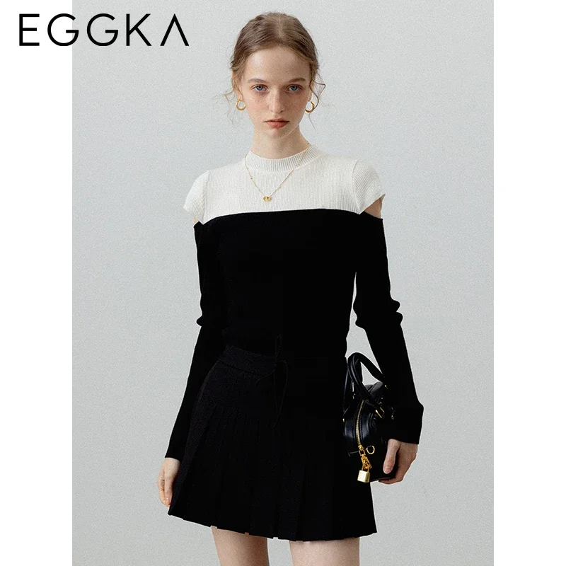 EGGKA Black White Patchwork Knit Tops for Women Autumn Hollow Design Long-sleeve Shirts OL Fashion Knitwear Scooped Shoulder Tee