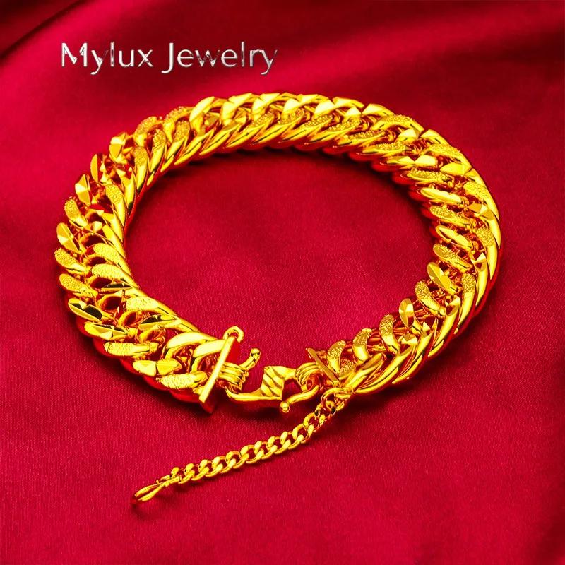 Mylux Jewelry 24K Gold Engine-Turned Bracelet AU999 Pure Gold, 3D engine-turned patterns, rugged chain, exudes masculinity and s
