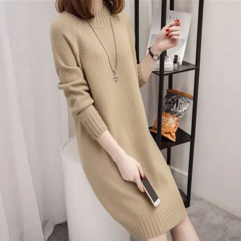 Women's Medium-length Sweater Polo/turtle Neck Loose-fit Versatile Knitted Top Slimming Base Layer Dress