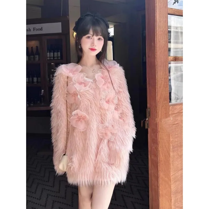 Autumn Winter Fluffy Sweater Soft Faux Mink Pullover Warm Thick Loose Beaded Floral Knit Top Long-sleeved Streetwear Y2K Clothes