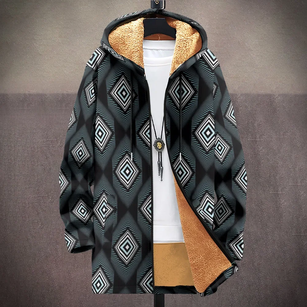 Men Cardigans Coats Geometric Retro Pattern Art Graphics Printed Plush Thick Winter Casual Streetwear for Unisex Clothing