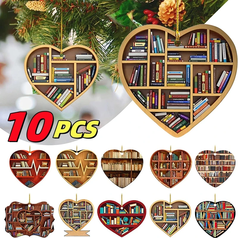 1-3PCS Book Lovers Heart Shaped Bookshelf Christmas Pendant Acrylic Drop Ornament Door Window Christmas Tree Hanging Decoration