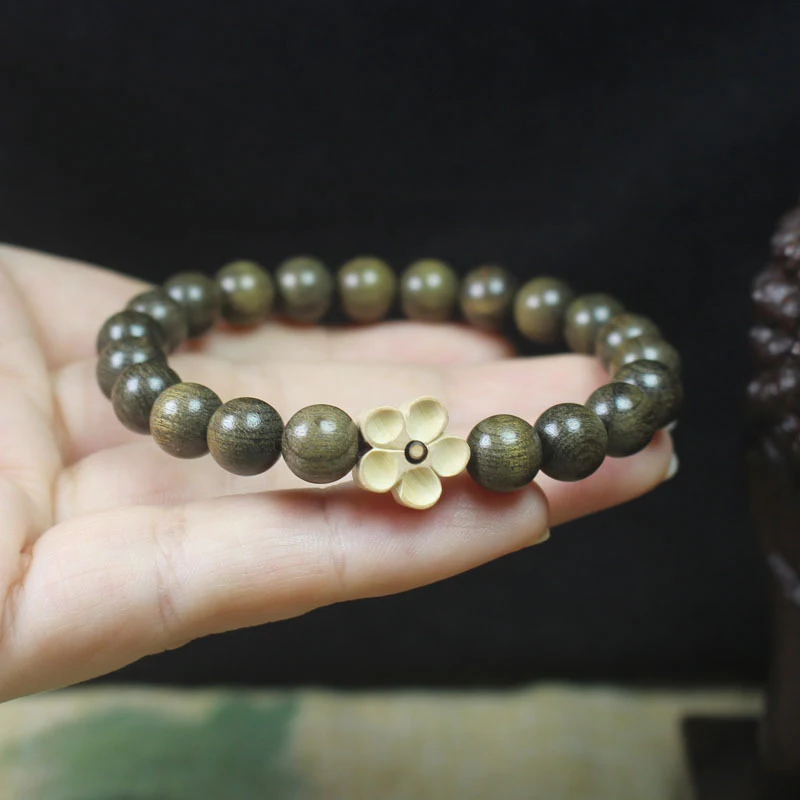 Dark Wood 8mm Bracelet with Boxwood Five-Petal Flower Design, Unisex Buddhist Bead Jewelry