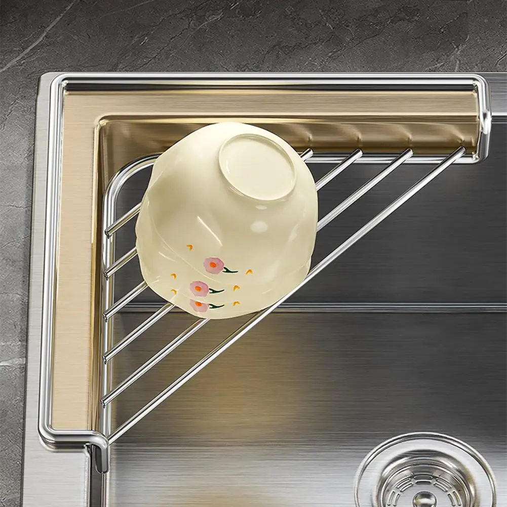 Stainless Steel Sink Caddy Triangle Corner Storage Rack Sponge Dish Cloth Holder Drainer No Drill RV Kitchen Accessories