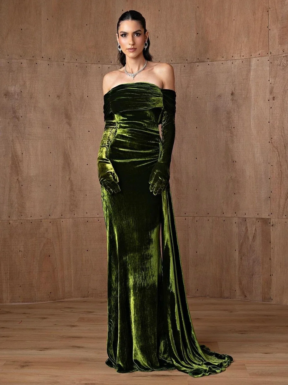 Jirocum-vestidos de noche de terciopelo esmeralda de lujo, vestido largo con hombros descubiertos y cola fruncida para vestidos de fiesta de graduación de Gala