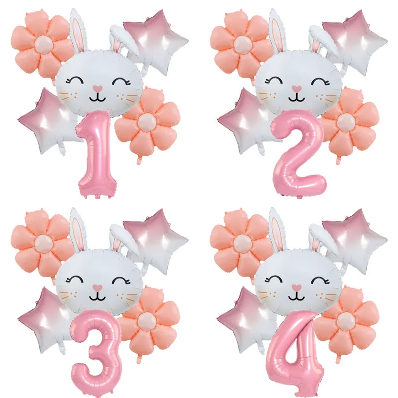 Juego de Globos de conejo y Margarita para niños, decoración de fiesta de cumpleaños, temática de Pascua, número Rosa 1-9, 40 pulgadas, juguetes de helio