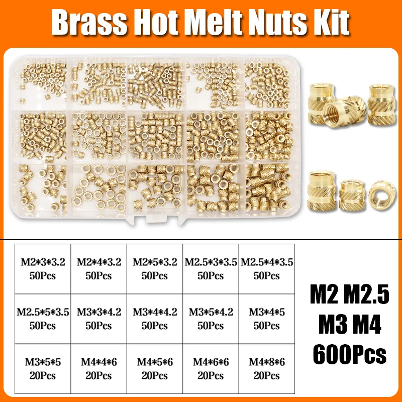 1400x Einsatz Gewinde Kit Messing Mutter M2 M3 M4 M5 M6 M8 Hot Melt Heat Set Einsätze für Kunststoff 3D Drucker Kupfer Rohr Einsetzen Mutter