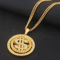 Big Rotatable US Dollar Money Sign Pendant Necklace Men Rapper Hip Hop Punk Long Chain Necklace Women Statement Necklace Gift