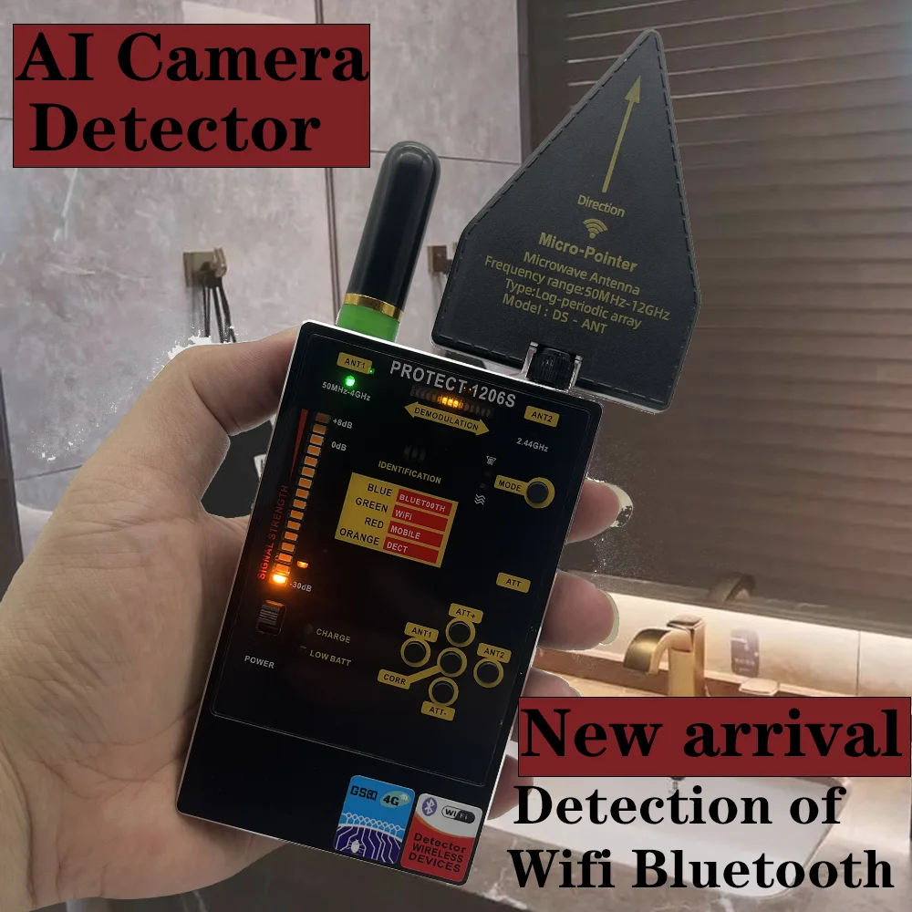 Schützen Sie 1206S-Mehrkanaldetektor, 824 MHz – 7000 MHz, zwei Antennen, erkennen Sie drahtlose Protokolle wie Wi – Fi/Bluetooth