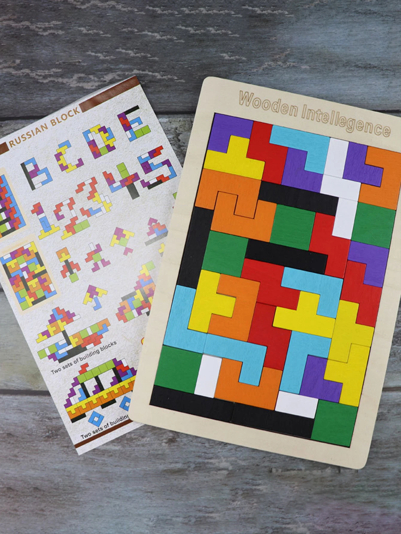 1 Zestaw Drewnianych Klocków Puzzle Łamigłówki Tangram Układanka Rozwijająca Inteligencję Kolorowe Klocki 3D Rosyjskie Klocki Edukacyjne Montessori